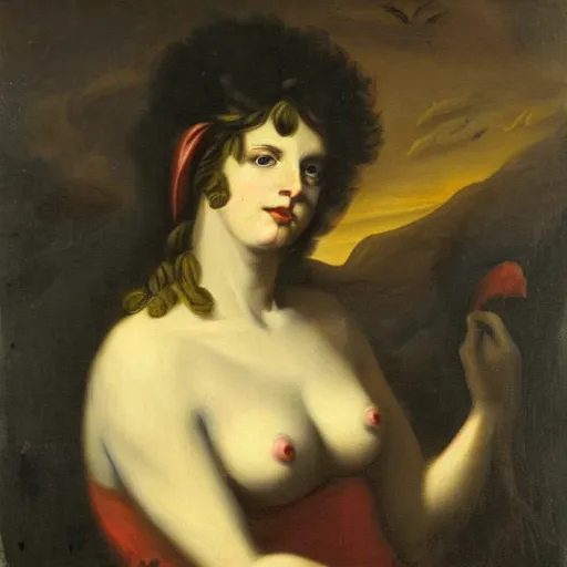 Prompt: lilith, biblical portrait, painting, 18th century, oil, eerie ambience