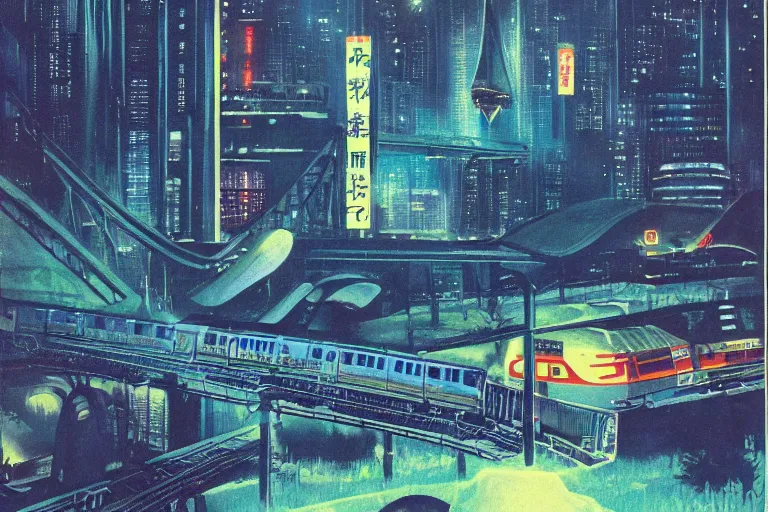 Prompt: 1 9 7 9 omni magazine cover of train bridge going above a park in osaka at night. cyberpunk style by vincent di fate