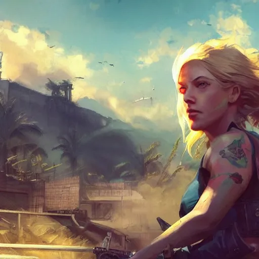 Prompt: fallout 5, charismatic beautiful rugged blonde female protagonist, portrait, outdoors tropical cityscape, atmospheric lighting, painted, intricate, volumetric lighting, beautiful, daytime, sunny weather, few clouds, sharp focus, deep colours, ultra detailed, art by krenz cushart and wenjun lin