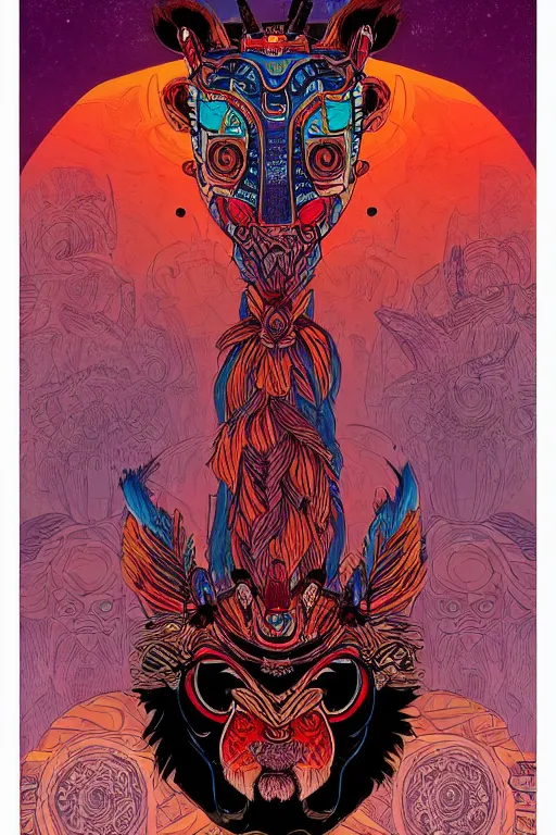 Image similar to totem animal tribal chaman vodoo mask feather gemstone plant video game illustration vivid color borderlands and by feng zhu and laurie greasley, victo ngai, andreas rocha, john harris radiating a glowing aura