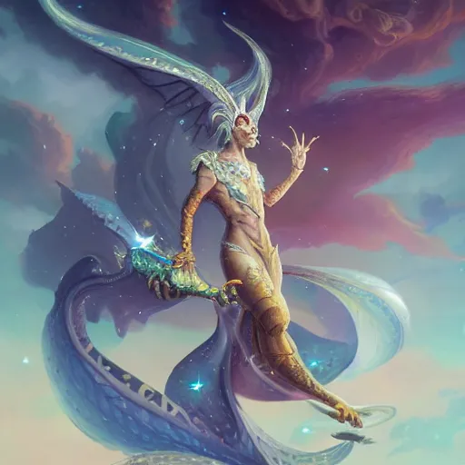 Prompt: A highly detailed cosmic white wyvern with ornate wings of light and stardust by Peter Mohrbacher, a background of celestial bodys, unreal engine, trending on artstation