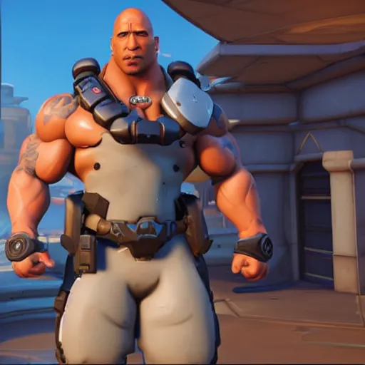 Image similar to screenshot from overwatch dwayne the rock johnson as a overwatch character