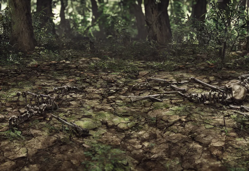 Prompt: decaying skeleton protruding barely from the dirt in a dense forrest, realism, close up, unreal engine 5.