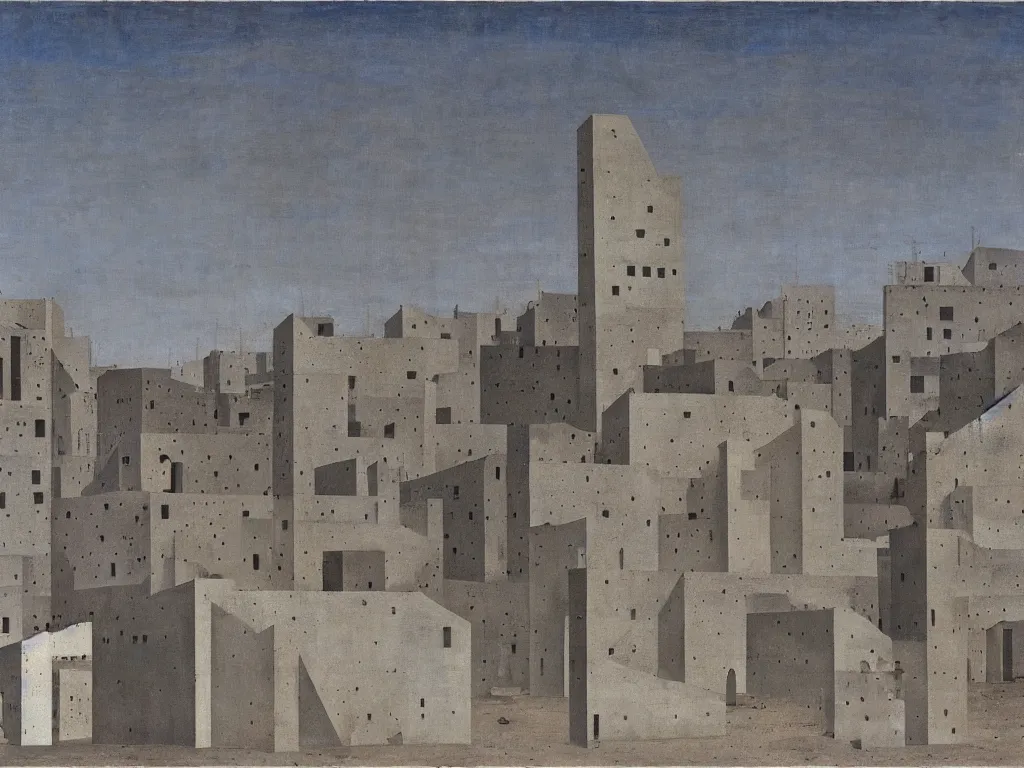 Prompt: Streets of a deserted, brutalist city that now fill with dust, sand, smoke. Dark blue sky, dried thujas. Painting by Piero della Francesca, Morandi, Yves Tanguy