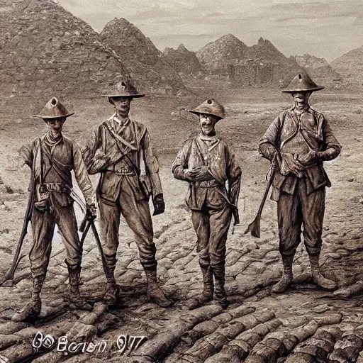 Image similar to ultra detailed photorealistic sepia - toned painting from 1 9 1 7, three british soldiers standing at an archaeological dig site in wadi rum, ultra realistic, painted, intricate details, lovecraft, atmospheric, dark, horror, brooding, highly detailed, by dave dorman