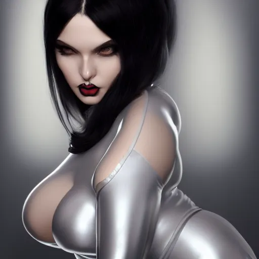 Image similar to portrait of a curvy feminine hot pale goth woman with elaborate elegant tight silver nylon latex and silk outfit, cgsociety, realistic, highly detailed, sublime, 16k, smooth, sharp focus, ArtStation, hyperdetailed, volumetric lighting