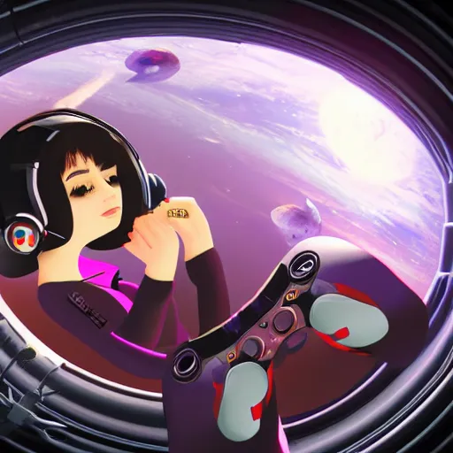 Image similar to really beautiful emo girl playing videogames in a space station in space, hyperdetailed