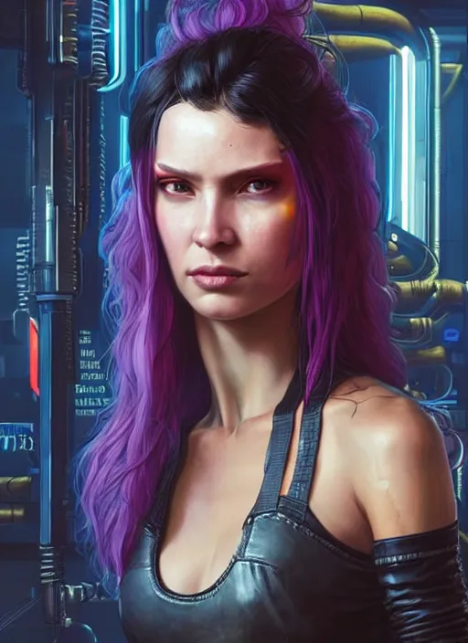 Image similar to portrait of a woman mechanic as a character in Cyberpunk 2077, looking at camera, long hair, intricate, elegant, stylish, sci-fi, extremely detailed, digital painting, artstation, concept art, smooth, sharp focus, illustration, ambient lighting, incredible art by artgerm and greg rutkowski and alphonse mucha and simon stalenhag