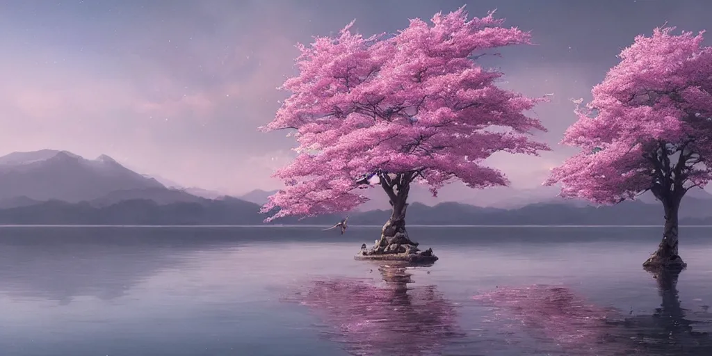 Image similar to a single sakura tree upon a lake, viewed from a distance, stephen bliss, unreal engine, illustration, fantasy art by greg rutkowski, loish, rhads, ferdinand knab, makoto shinkai and lois van baarle, ilya kuvshinov, rossdraws, tom bagshaw, global illumination, radiant light, detailed and intricate environment