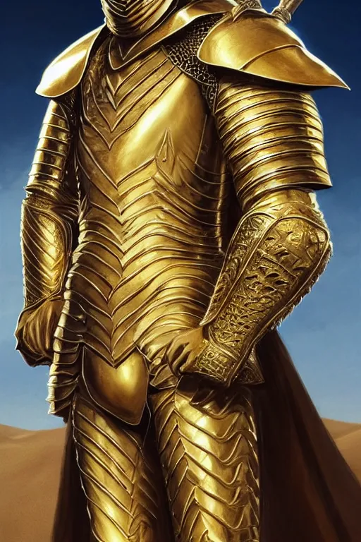 Image similar to Hyper-realistic photo of the King of the Desert, Gold Armour suit, Sword, sand, handsome attractive face, attractive young man, beautiful face, dramatic lighting, majestic, D&D, fantasy, elegant, intricate, highly detailed, digital painting, concept art, sharp focus, illustration, trending on artstation, art by artgerm and greg rutkowski and alphonse mucha