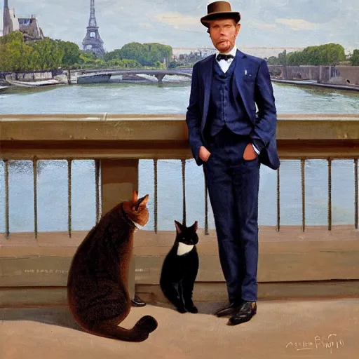 Image similar to ewan mcgregor is standing by the river seine on a bridge in the morning. he is wearing a gentleman ´ s outfit with a bowler hat. next to him at his feet is lying a brown cat. ewan mcgregor is painting a canvas that is put on an easel. morning light. early 2 0 th century paris. vivid colours, digital art, by miyazaki