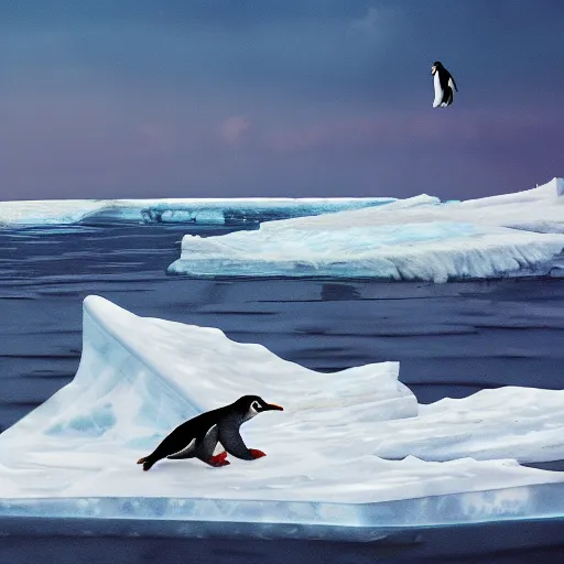 Prompt: penguin surfing on a ice floe on a hughe wave, trending on artstation