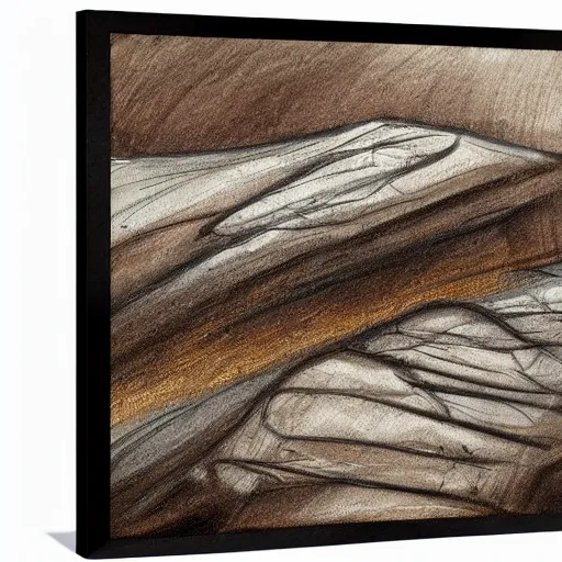 Image similar to masterpiece abstract high detailed intricate painting of many - layered angled rocky field along a three - quarters landscape surface of squared shapes. sloping thin pencil rough sketch lines provide a sense of movement. dramatic use of light to create a sense of a stony surface. using engineering techniques and a rich dark earthy color palette, providing a physical mathematical feel.