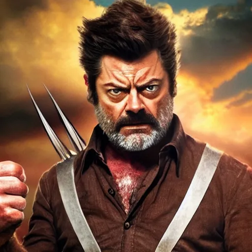 Image similar to logan wolverine pictured as nick offerman with 3 identical claws released off his wrist, photorealistic marvel movie still, imdb, detailed, 8 k, poster photosession style