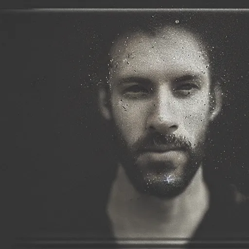 Image similar to A double exposure of a collodion-styled portrait of a man coupled with an abstract oil-on-canvas painting, bokeh, depth of field, dreamy