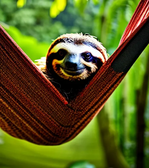 Image similar to a photograph of a sloth resting in a hammock in his garden, nature photography, sharp focus, long focal length