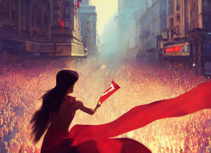 Prompt: closeup of a gorgeous inspiring girl enthusiastically waving a red flag over her head dancing with celebrating crowd in a Mandelbrot fractal bustling modern London by Craig Mullins, ilya kuvshinov, krenz cushart, artgerm trending on artstation by Edward Hopper and Dan Mumford and WLOP and Rutkovsky, Unreal Engine 5, Lumen, Nanite