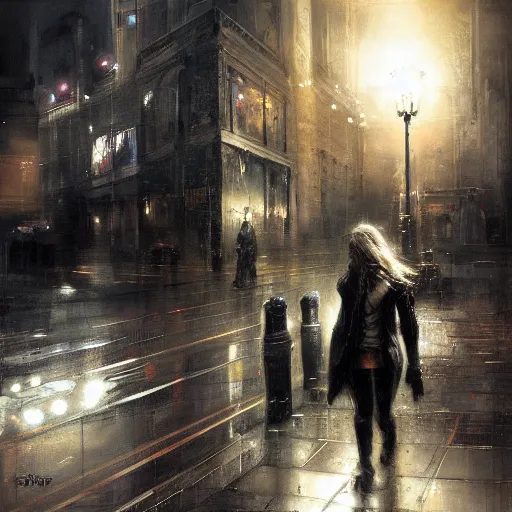 Image similar to walking the streets of london at night by raymond swanland, highly detailed, dark tones