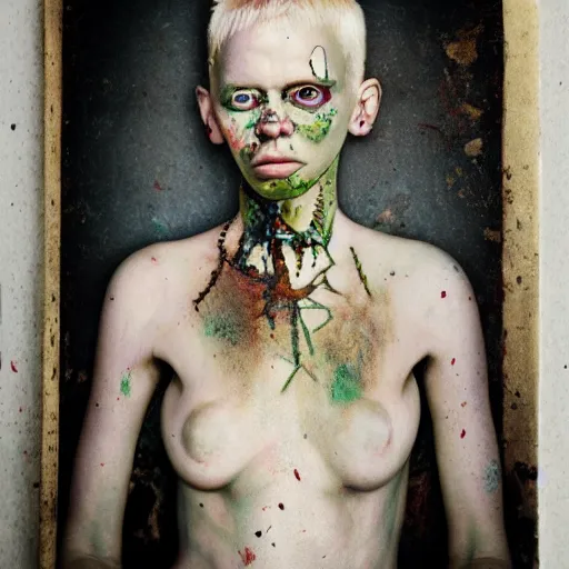 Image similar to realistic expired kodak film portrait of female african albino yolandi visser mix, hyperrealism, hypermaximalism, photorealistic, detailed, atmospheric, 8 k, award winning photography, cinematic