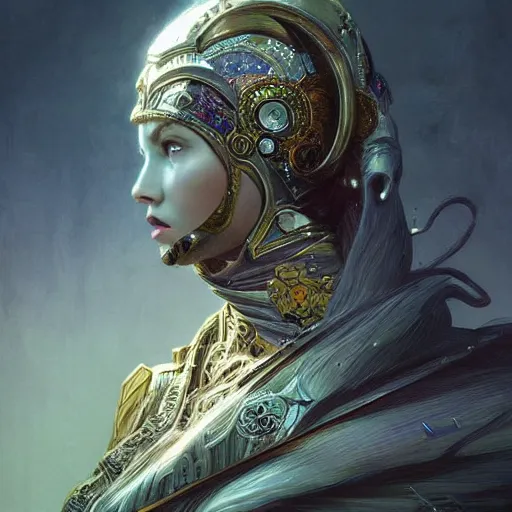 Image similar to portrait of a mystical knight, mystic, spiritual, strange, science fiction, intricate, headshot, highly detailed, digital painting, artstation, concept art, sharp focus, cinematic lighting, illustration, art by artgerm and greg rutkowski, alphonse mucha, cgsociety