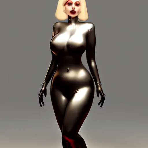 Image similar to feminine hot pale goth woman with tight curvy shiny outfit, photorealistic, sublime, welcoming posture, 16k, smooth, sharp focus, cgsociety, ArtStation, volumetric lighting