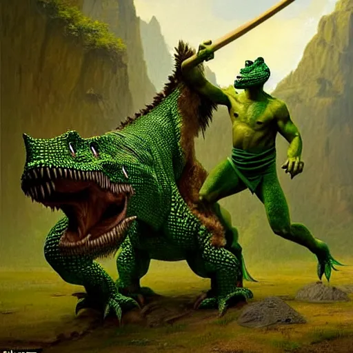 Prompt: A green scaly dinosaur! fighting with several realistic detailed cavemen with proportioned bodies, the cavemen are armed with spears, the caveman are in a fighting stance, the cavemen are wearing animal furs, coarse canvas, visible brushstrokes, intricate, extremely detailed painting by Greg Rutkowski