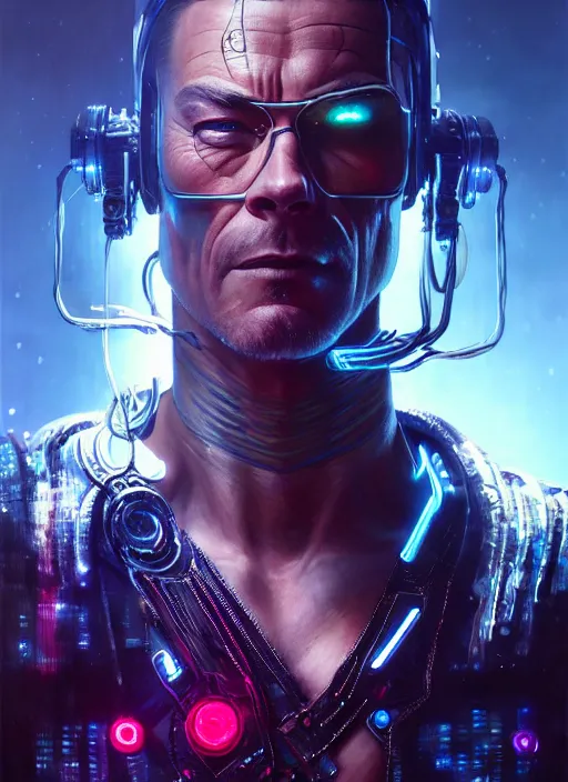 Image similar to van damme as cyberpunk raider, intricate, elegant, glowing lights, highly detailed, digital painting, artstation, glamor pose, concept art, smooth, sharp focus, illustration, art by artgerm and greg rutkowski, artey freytag