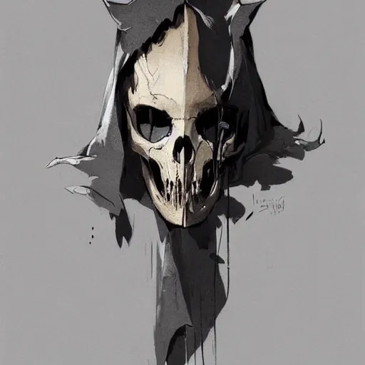 Image similar to full body portrait of a character wearing a black cloak, with a white mask in the shape of an animal skull, the mask covers her entire face, dramatic lighting, illustration by Greg rutkowski, yoji shinkawa, 4k, digital art, concept art, trending on artstation