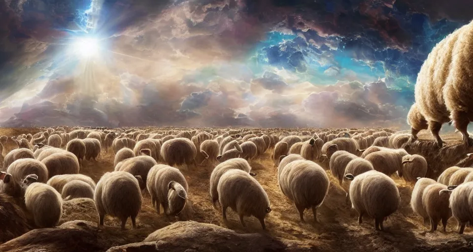 Prompt: The great migration of sheep on a huge shit collapsed in the form of an O'Neill cylinder in orbit of a capybara, rectilinear, barometric projection, dutch angle from space view, concept art, high detail, intimidating, deep rich colors, iridescent radiance, epic scale ultrawide angle, stunning, epic, cinematic, Artstation trending, octane render, hyperrealistic, Cryengine 8k UHD