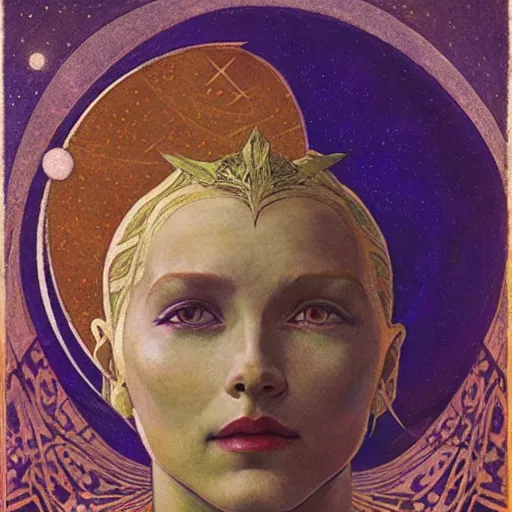 Image similar to queen of the moon with stars in her hair, by nicholas roerich and annie swynnerton and donato giancola and dulac, dramatic lighting, god rays, geometric tattoos, rich colors, smooth sharp focus, extremely detailed, leo and diane dillon, adolf wolfli