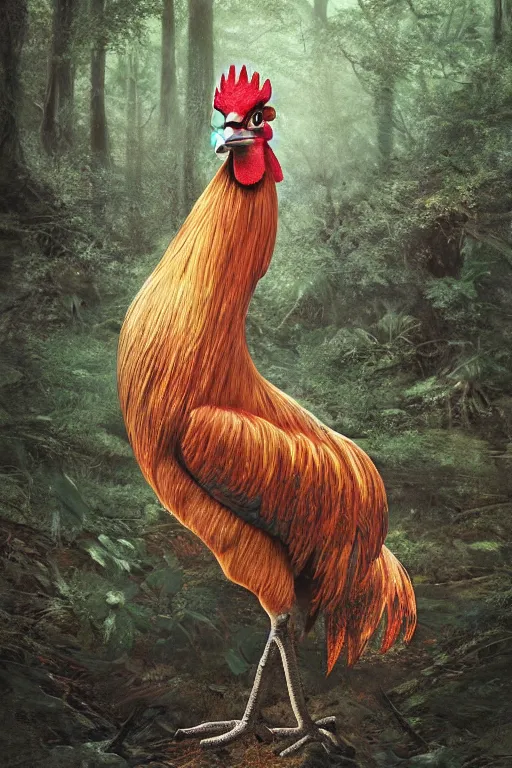 Image similar to a beautiful rooster in a forest, inspired by thomas eakes & greg rutkowski & xiang duan, perfect symmetry, magic realism, post - processing, extremely hyper - detailed, intricate, soft - lighting, lifelike attributes, masterpiece, pastel'