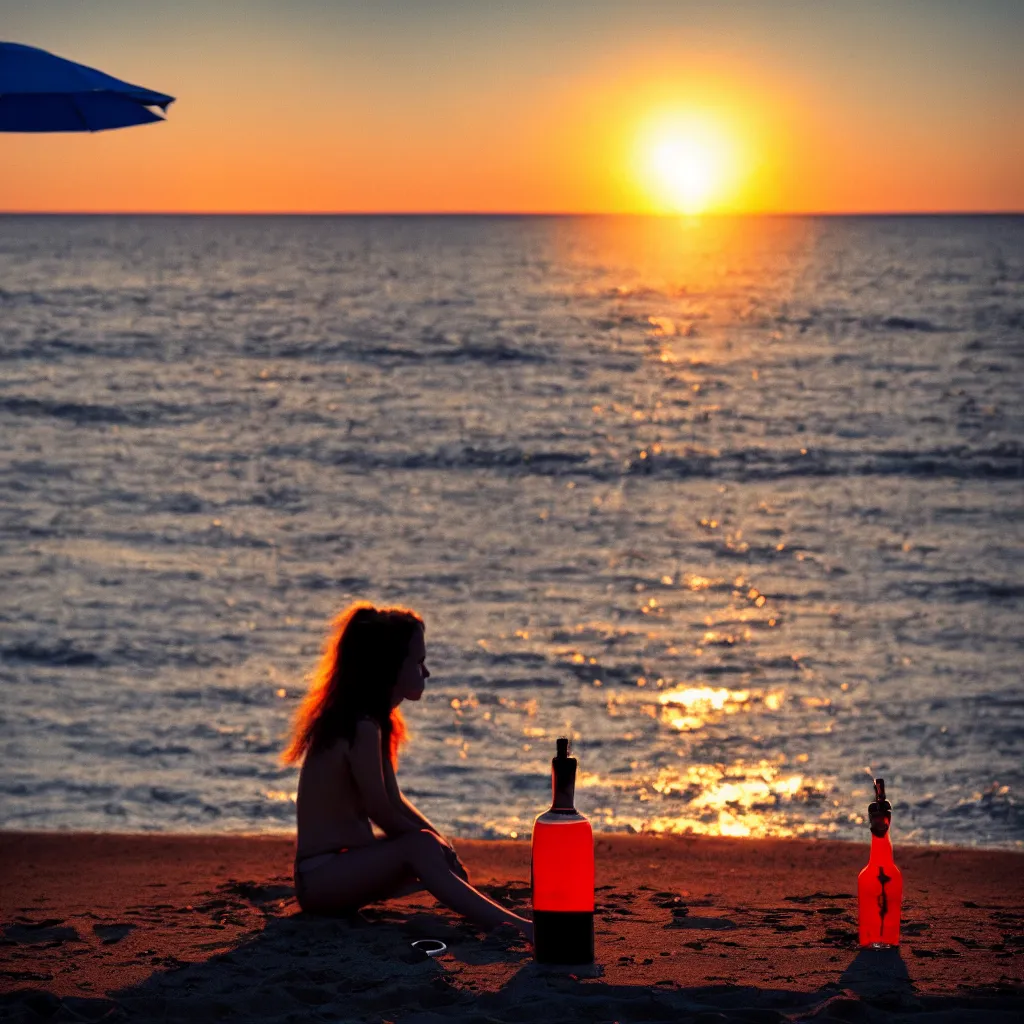 Image similar to a sad girl in a t - shirt sits on the beach under an umbrella and drinks vodka from a bottle, sunset, russia, cinematic, landscape