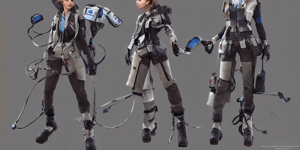 Image similar to A woman in scientist jacket with a system of straps and pouches for collecting material by Tetsuya Nomura with Ralph Horsley and Mario Testino, trending on artstation and pixiv clean sci-fi concept art and sheet that using unreal engine 5 renders and hyper detailed textures with cinematic light