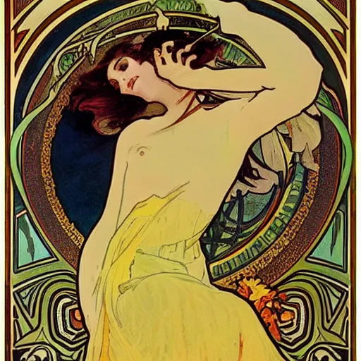 Image similar to fall, painted by alphonse mucha