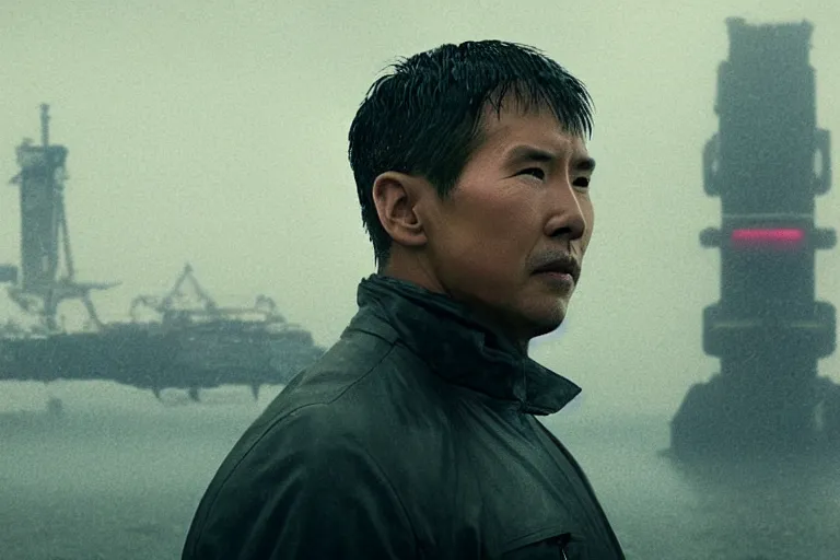 Image similar to a still from bladerunner 2 0 4 9 depicting a long shot photograph of a handsome asian man wearing wet weather gear. he stares intently into the camera with a worried expression. behind him is a futuristic oil rig in the deep ocean. sci fi, futuristic, cinematic, low light, soft focus.