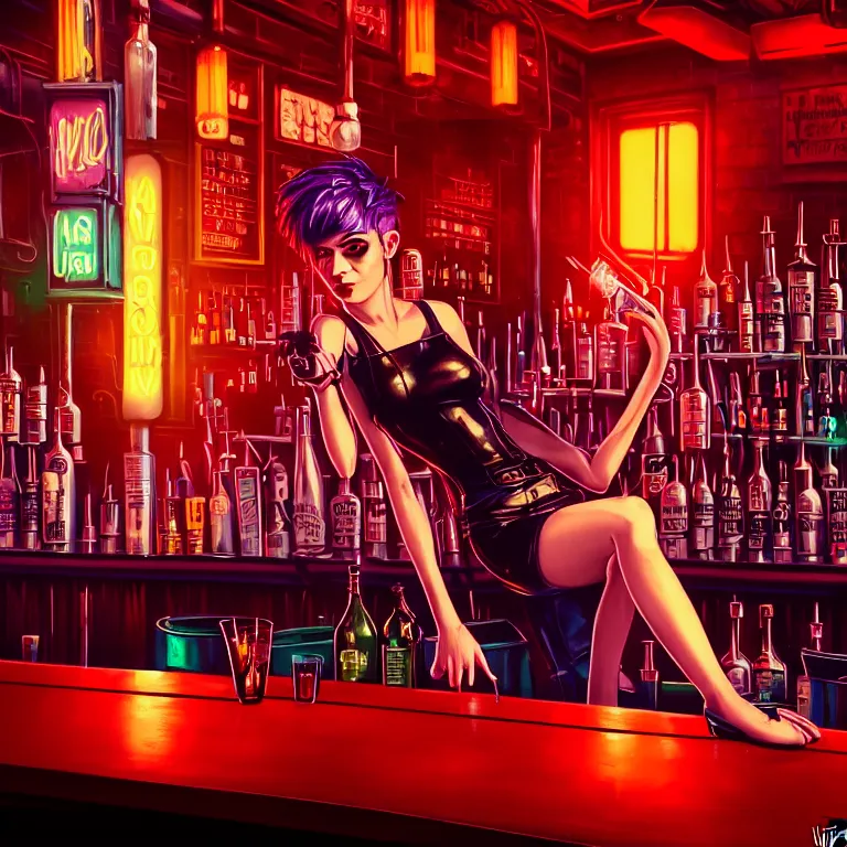 Prompt: a young sophisticated beautiful barmaid, dimly lit industrial grunge cyberpunk dive bar, dystopian retrofuturistic 1980s neon vibe, relaxed pose, sitting at the bar, crimson leather outfit, pixie cut with shaved side hair, wild, highly detailed, digital painting, artstation, sharp focus, illustration, detailed painterly digital art style by WLOP and Cory Loftis + perfect facial symmetry + dim volumetric lighting, vibrant deep colors, 🍸, 8k octane beautifully detailed render, post-processing, extremely hyperdetailed, epic composition, grim yet sparkling atmosphere, cinematic lighting + masterpiece, Art Nouveau, photorealistic, hyperrealistic