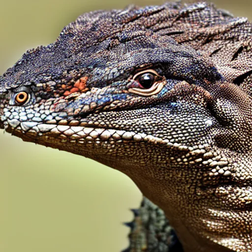 Prompt: Komodo dragon and hawk hybrid animal, head has sharp beak