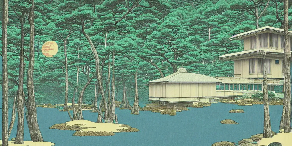 Image similar to painting by Hasui Kawase, atmospheric cozy futuristic organic white concrete house in the middle of a lush and dense forest at night, a beautiful lake next to it, night time, night sky, starry night sky, by Hasui Kawase