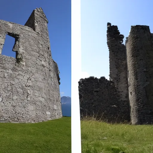 Image similar to a view that is split in two. the right half is from when the castle was new. the left half is from when the castle has advanced in time and become a ruin.