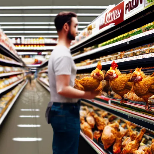 Image similar to anthropomorphic chicken man with chicken arms carefully considering chicken options in grocery store aisle, 8K hyper realistic render,