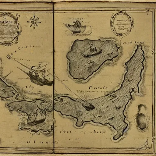 Prompt: a 1 7 2 0 s pirate map of the caribbean sea with sea - monsters and ornate illustrations of ships.