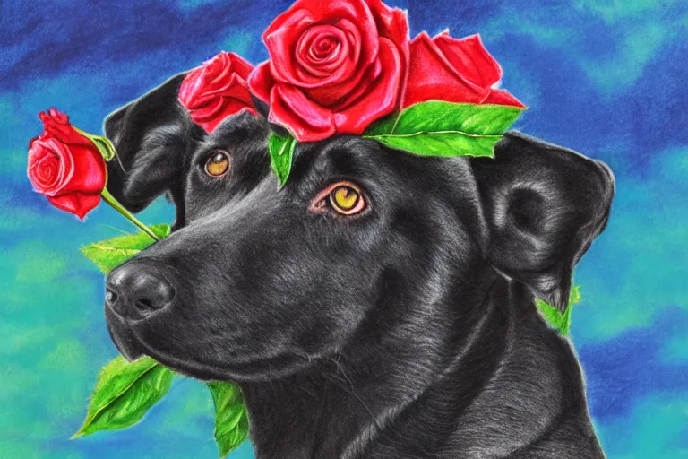 Image similar to anthro drawing of black dog with green eyes holding a rose, golden earring, watercolor, vivid colors, ocean background, sunny day, 4 k, puffy clouds, front page of art station, global illumination, chromatic abberation, very detailed