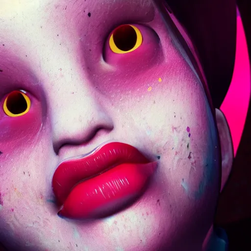 Image similar to born again christian tiktok influencer eating melting crayons and winking to their followers, in the style of james jean, artstation trending, 8 k, 3 d render, photorealistic, volumetric lighting caustics, pink