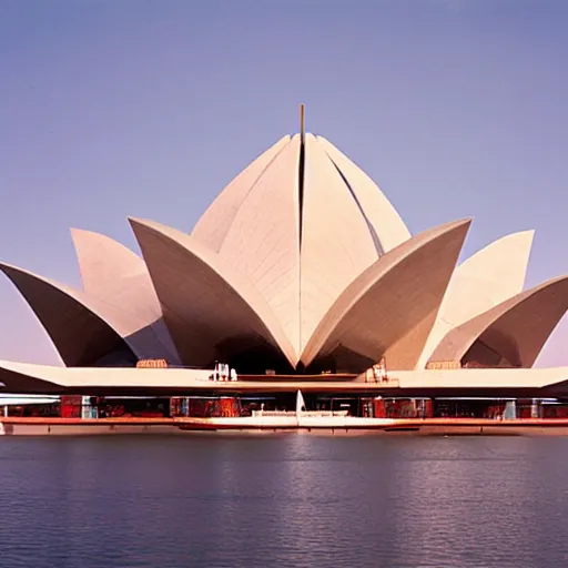 Prompt: futuristic lotus temple space station with gold, red and white marble panels, by santiago calatrava and buckminster fuller and syd mead, intricate contemporary architecture, photo journalism, photography, cinematic, national geographic photoshoot