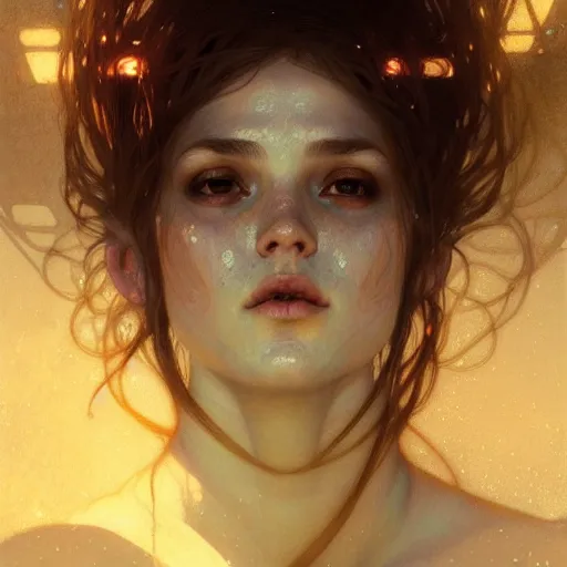 Image similar to Portrait of a girl underwater surrounded by light rays, face, fantasy, intricate, elegant, highly detailed, digital painting, artstation, concept art, smooth, sharp focus, illustration, art by Krenz Cushart and Artem Demura and alphonse mucha