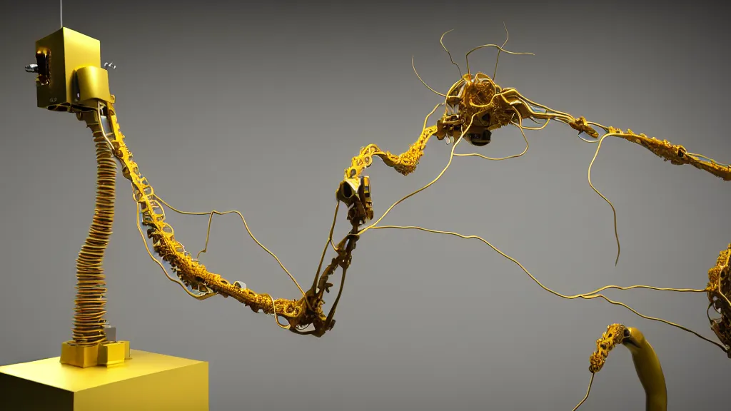 Image similar to a complex bifurcated robotic cnc surgical arm hybrid 3 d printer machine making organic ceramic kintsugi mandlebulb forms in the laboratory room, very thin gold wire, film still from the movie directed by denis villeneuve with art direction by salvador dali, wide lens, f 3 2, cinematic lighting, studio quality, smooth render, unreal engine 5 rendered, octane rendered