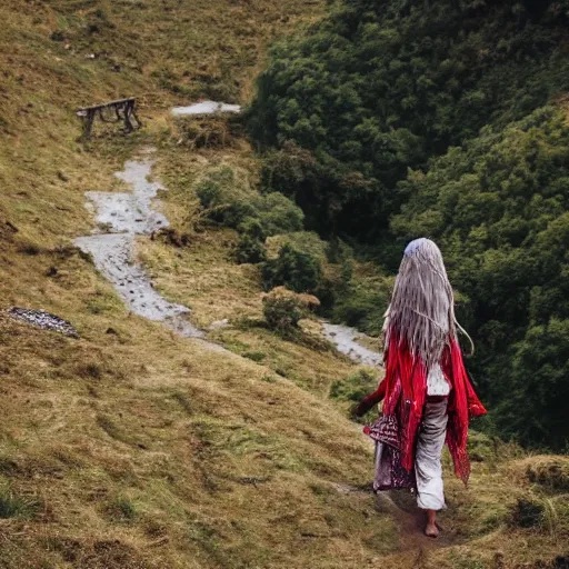 Image similar to define the character of a beautiful girl, messy long red hair, messy wet grey tribal clothes, short torn up pants, she is walking on a mountain and we see down in a deep valley a very poor old shanti town with wooden ruins, medieval time, heavy rain, late at night, mist, cinematic, 8 k,