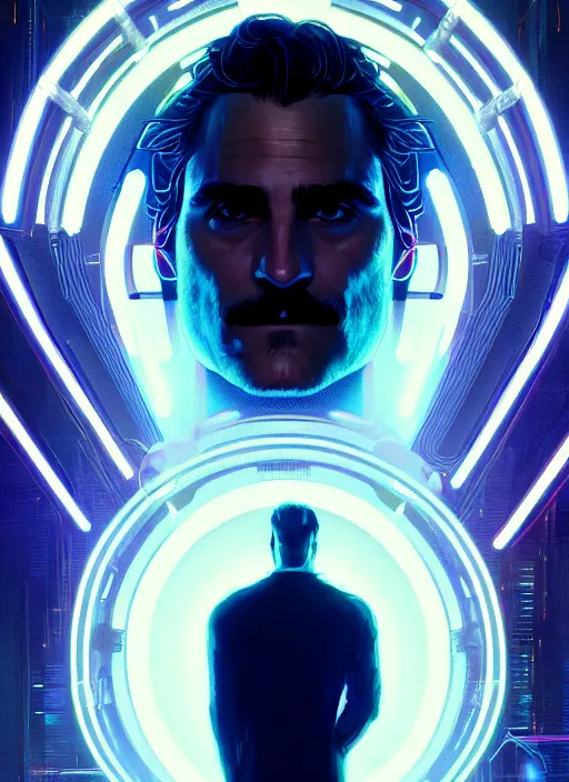 Prompt: symmetry!! portrait of joaquin phoenix, sci - fi -, cyberpunk, blade runner, glowing lights, biotech, techwear!! intricate, elegant, highly detailed, digital painting, artstation, concept art, smooth, sharp focus, illustration, art by artgerm and greg rutkowski and alphonse mucha