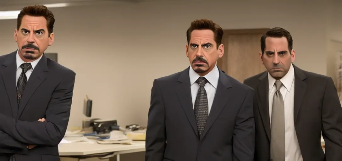 Image similar to a very high resolution image of tony stark with micheal scott. from an episode of the office. photorealistic, photography