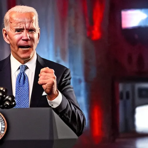 Prompt: Doom horror furious glowing red eyes biden